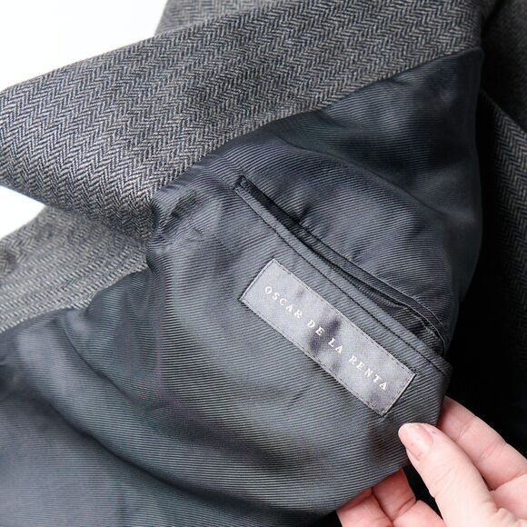 Vintage Oscar De La Renta Blazer 42R L Gray Wool Cashmere Herringbone Sport Coat - Picture 3 of 10